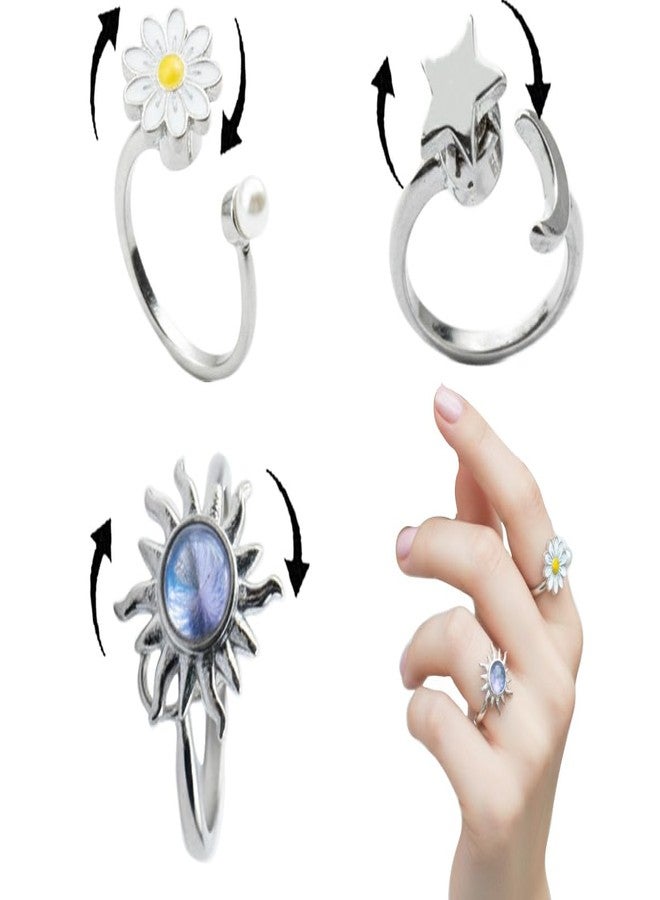 nmajnvo 3PCS Fidget Rings for Anxiety Women Adjustable, Sunflower Rotating Ring Set, Anxiety Relief Ring with Beads, Rotating Star for Stress Relief, Silver Plated Open Jewelry Gift - Image 1